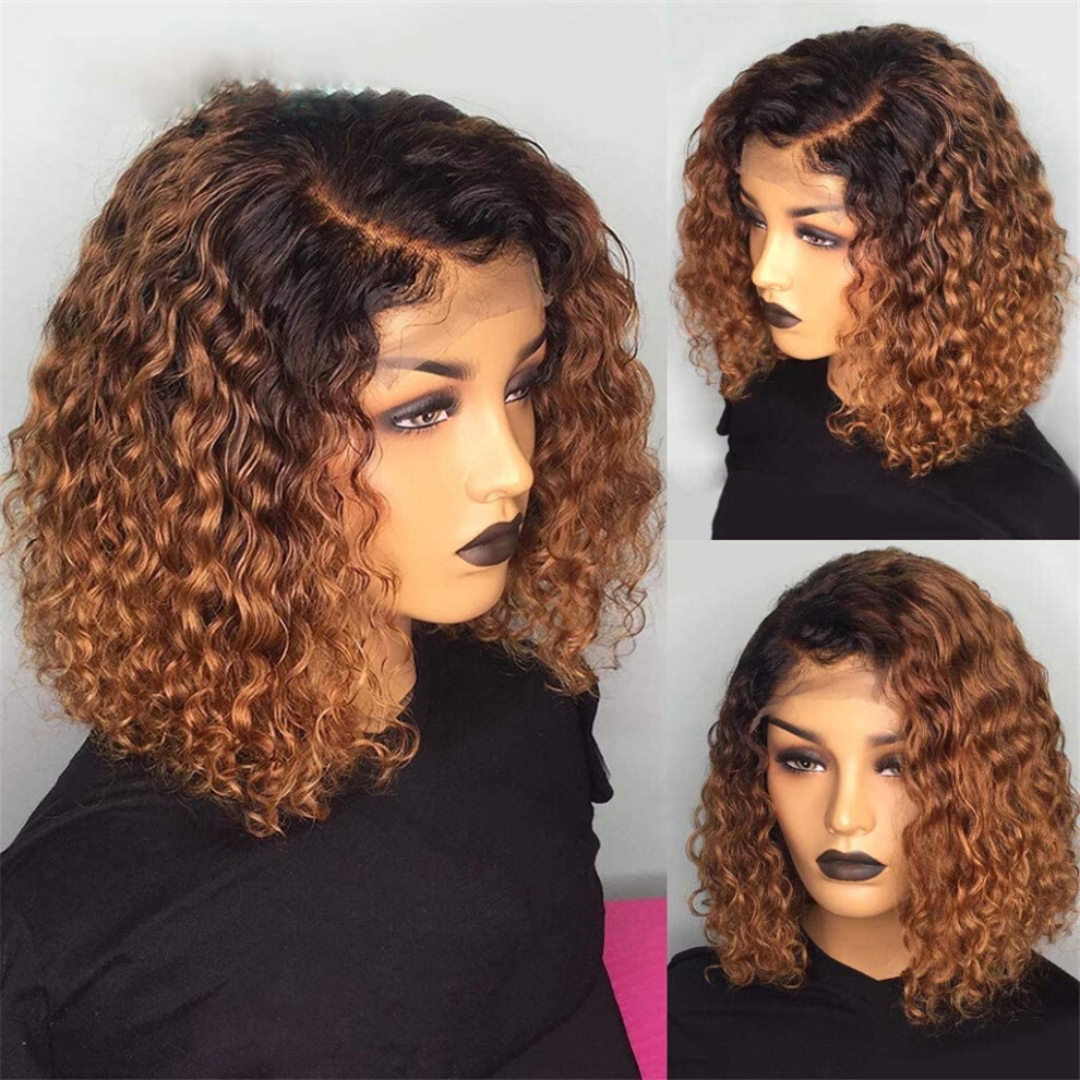 Unisex Ombre Honey Blonde Human Hair Lace Front Curly Bob Wig 13X4 Hd Hairline Glueless 150% Density 10 Inch