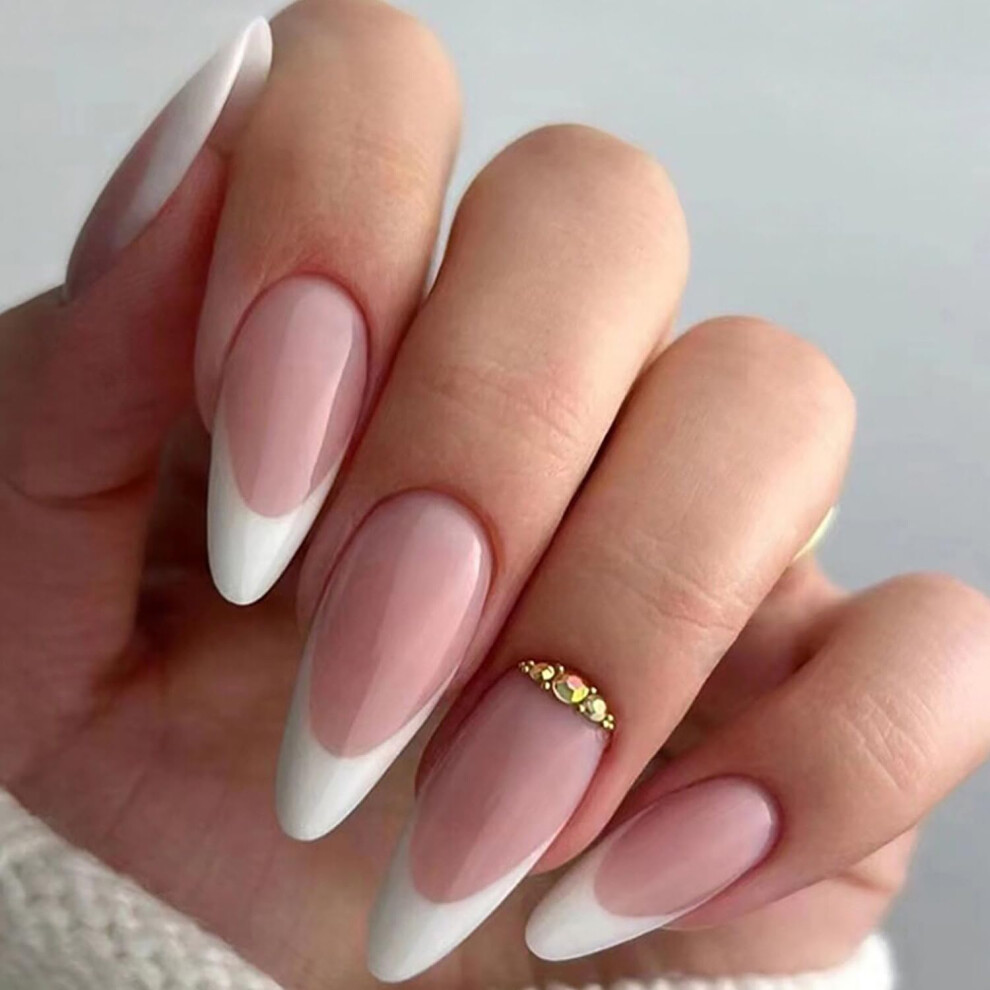 White Long Almond Press On Nails, French Tip False Nails with Rhinestones Acrylic Glue On Set
