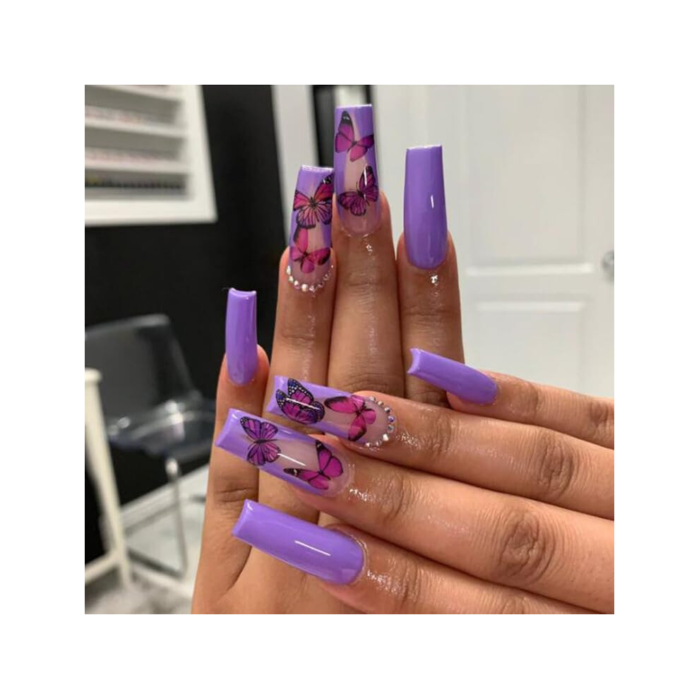 Long Coffin Press On Nails Purple Butterfly French Tip Rhinestone Fake Nails Kit for Women