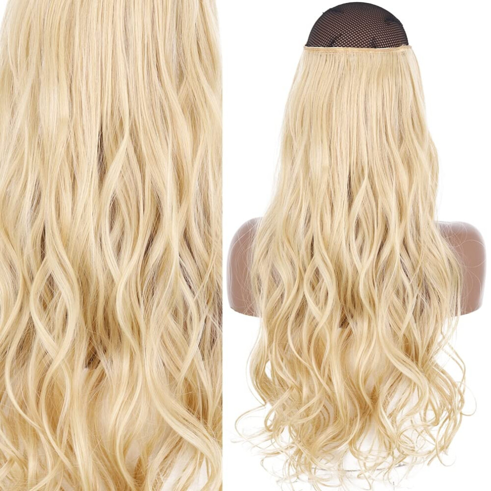 Unisex Black Halo Hair Extensions Invisible Wire Synthetic Straight Hairpiece Natural Blonde Instant Length