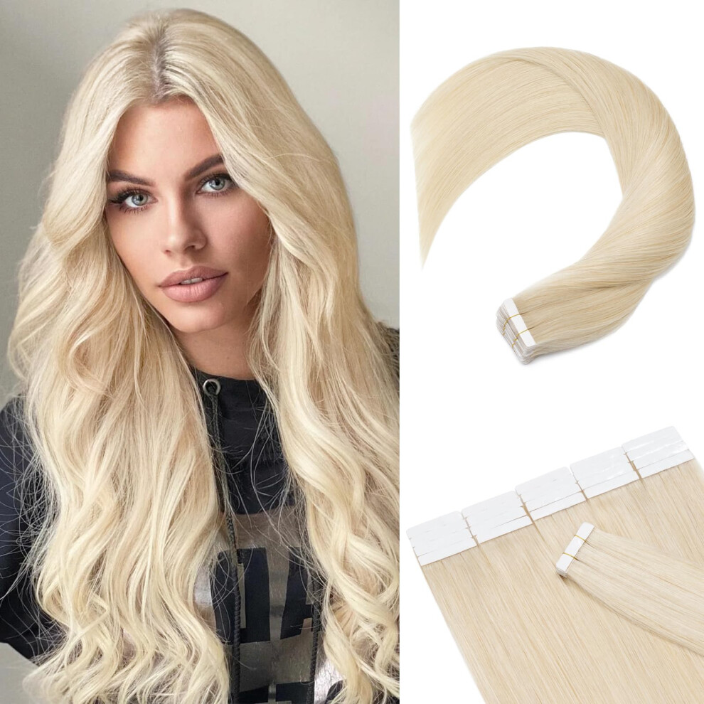 Unisex Silver Tape In Hair Extensions Balayage Platinum Blonde Remy Human Hair 12 Inch Seamless Straight 20Pcs