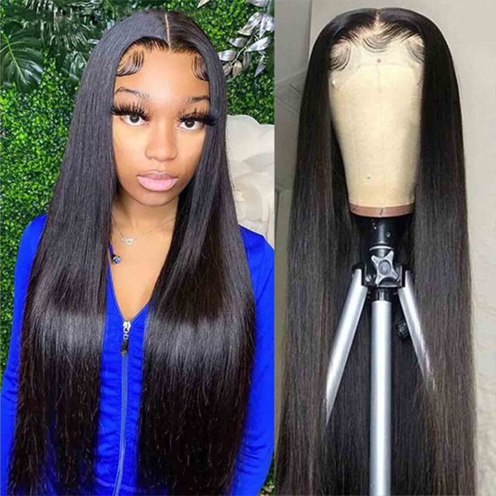 Unisex Black Brazilian Straight Lace Front Wig 13X4 Human Hair Pre Plucked Bleached Knots For Women