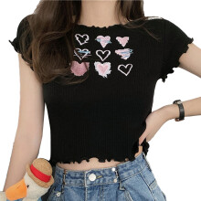 Top corto da donna, leggero, a coste, morbido e comodo da indossare, tessuto elasticizzato e confortevole, design casual con volant, scollo rotondo,