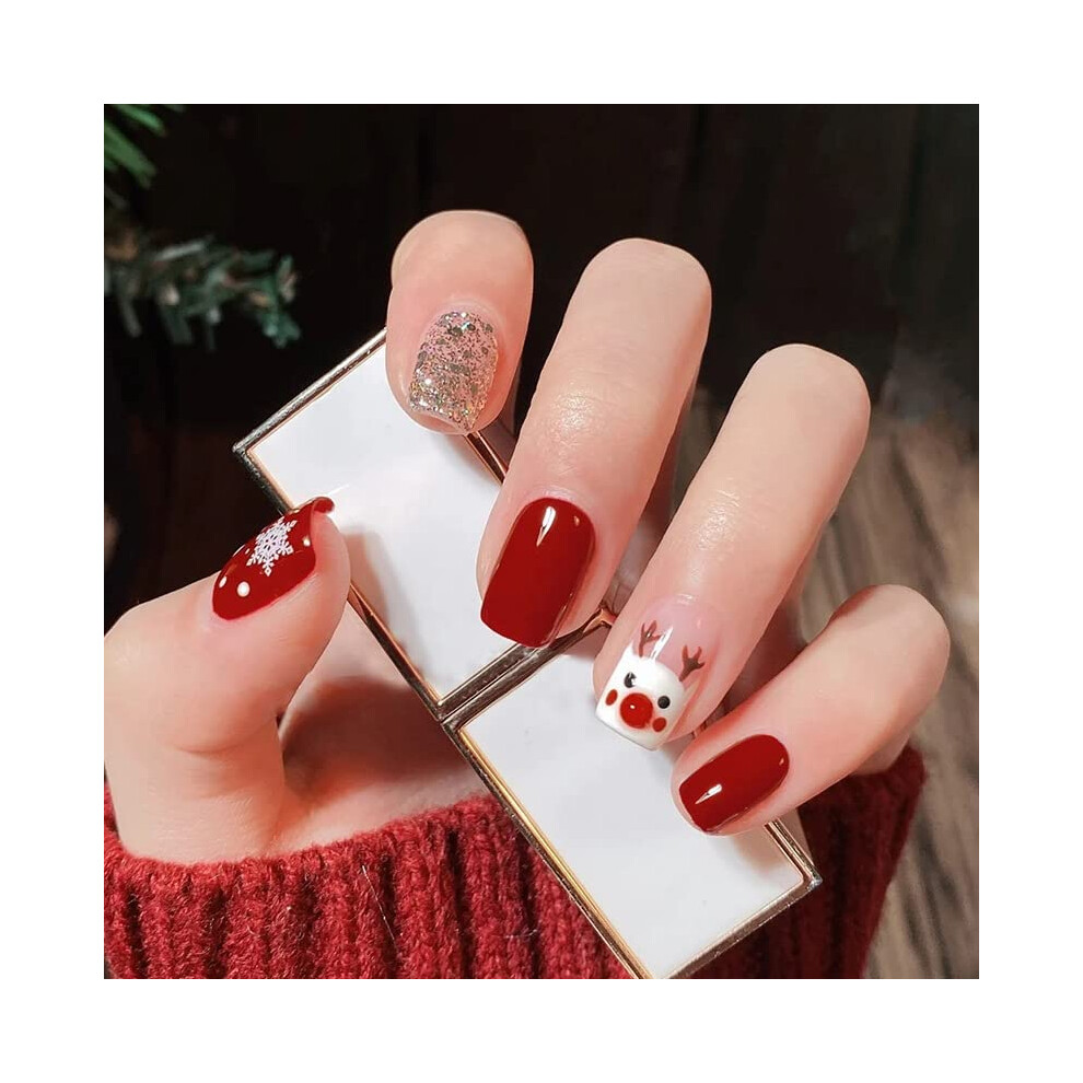 Red 24Pcs Christmas Press On Nails Short Square Fake Nails With Glitter Snowflake Elk Design