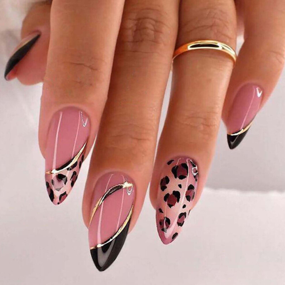 Short Almond Press on Nails French Leopard Print Fake Nails Reusable Acrylic 24PCS for Women