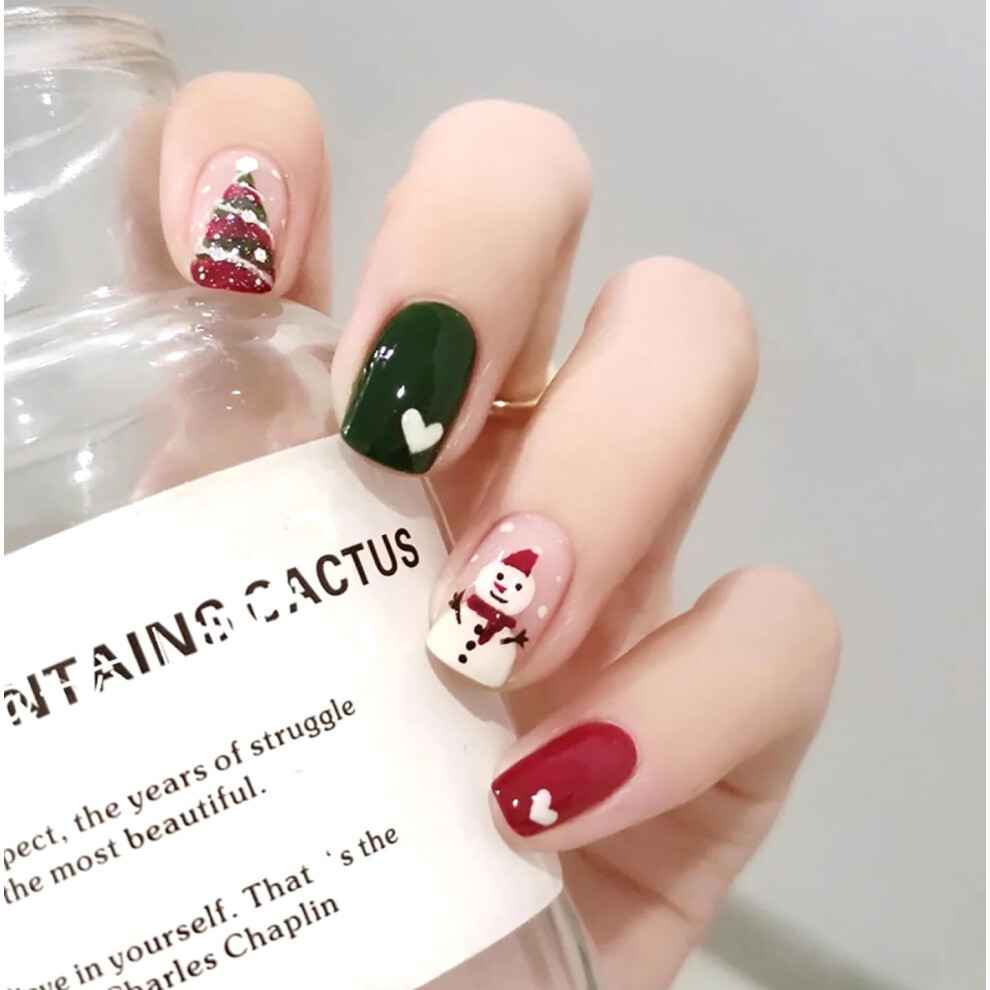 Christmas Press On Nails 24pcs Short Square Acrylic Fake Nails with Glue Festive Holiday Designs Reusable