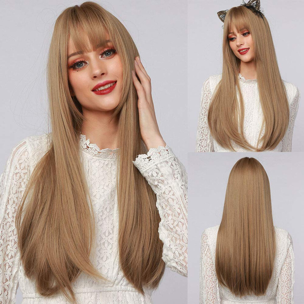 Blonde Wig with Bangs for Women 26 Inch Long Straight Synthetic Heat Resistant Natural Hairline