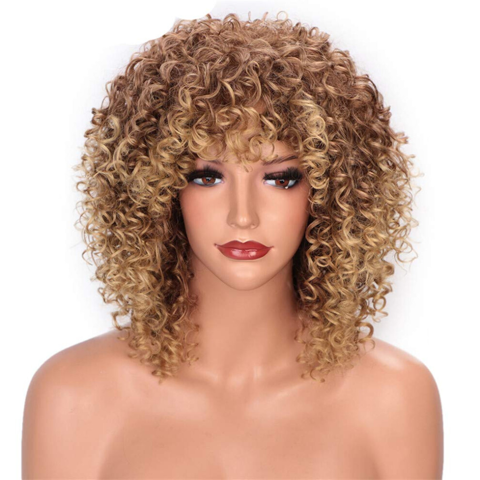 Unisex Brown Short Afro Kinky Curly Wig With Bangs Mixed Blonde 14 Inch Heat Resistant Synthetic Wigs For Women