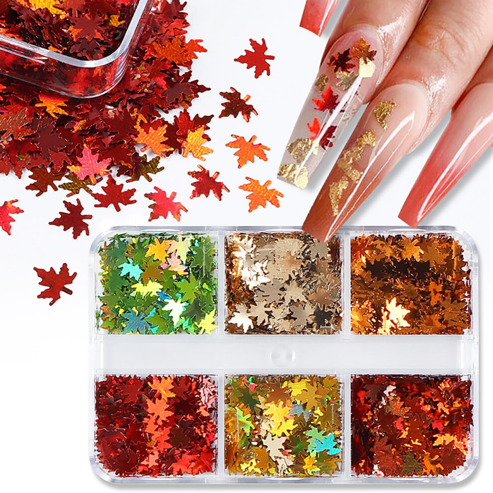 Thanksgiving Nail Art Glitter Set with Maple Leaf Sequins, 6 Grids Fall Holographic Nail Flakes for DIY