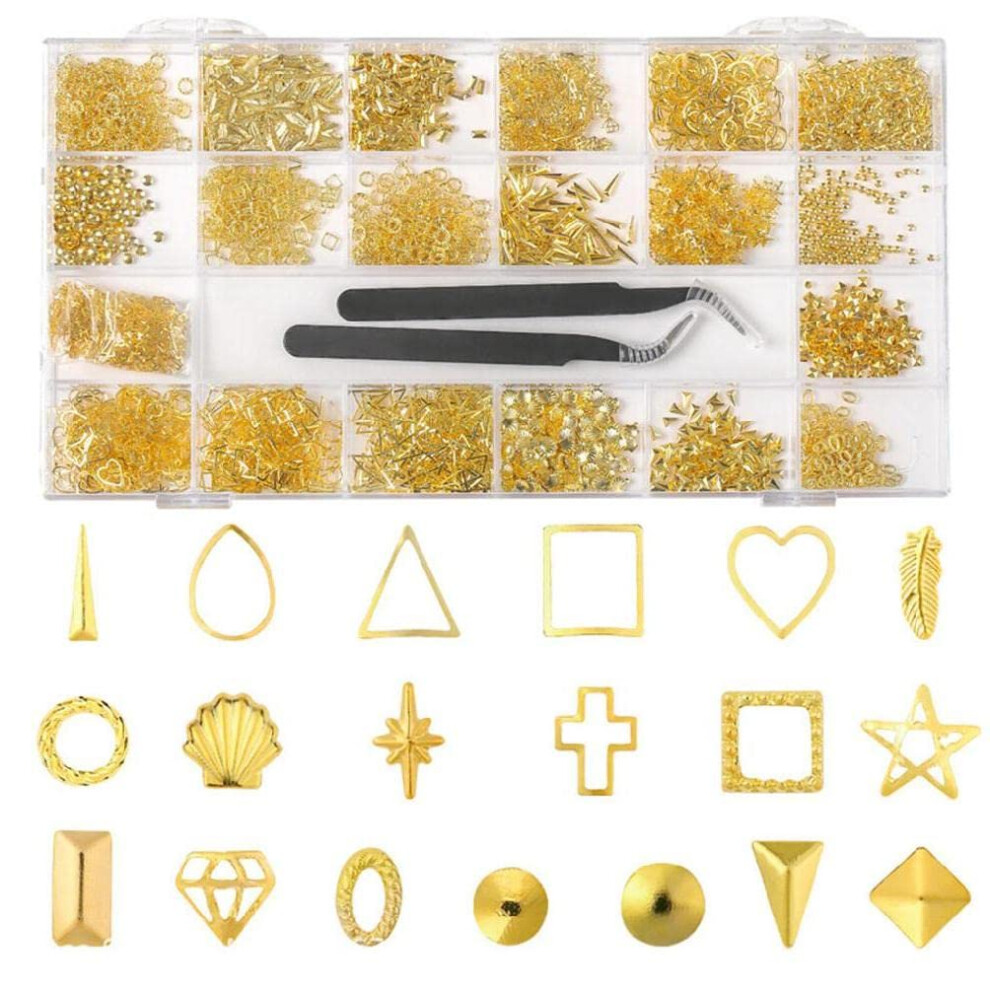 Gold Nail Studs 3D Art Decorations with Geometric Shapes Stars Circles Ovals and Tweezers