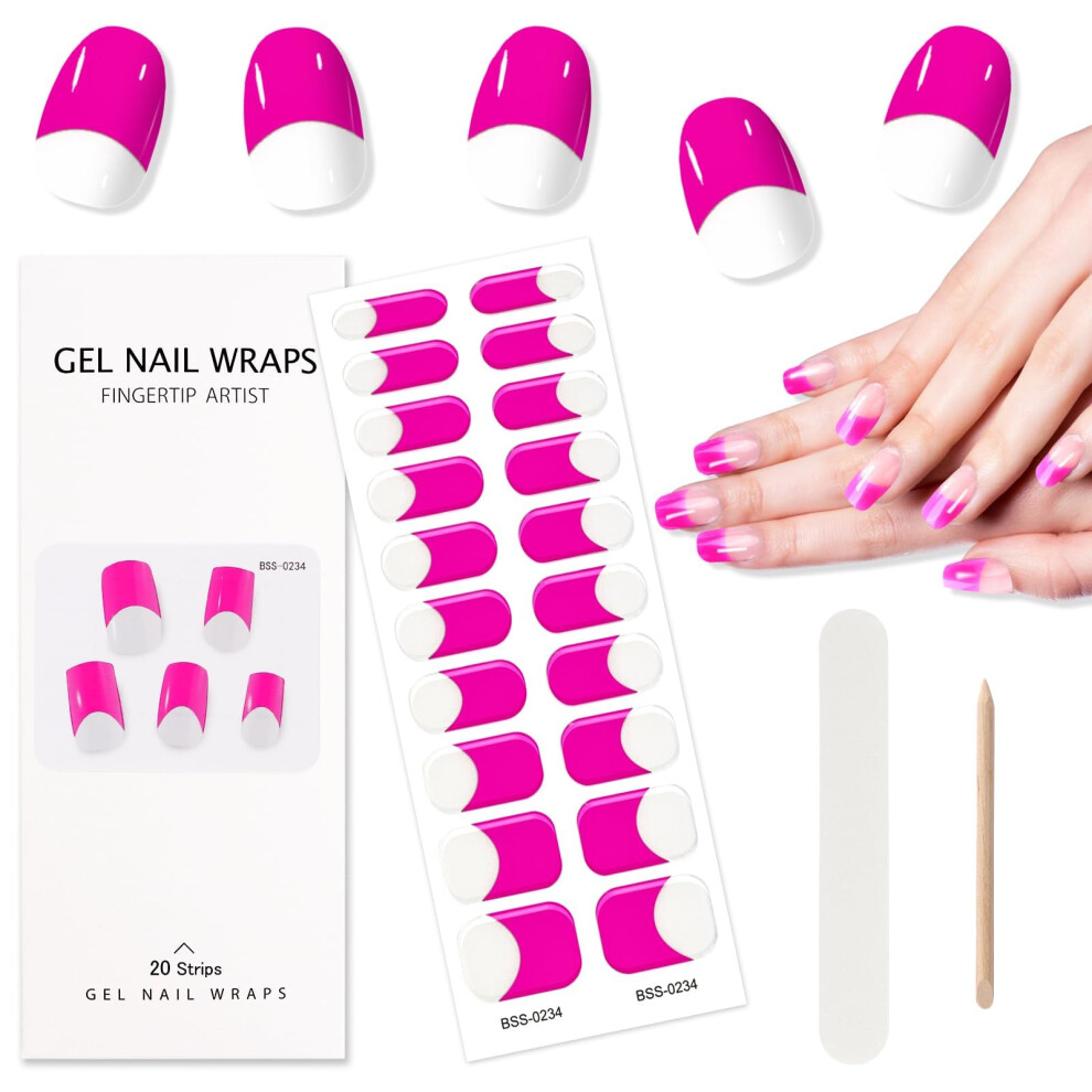 Semi Cured Gel Nail Strips French Pink 20PCS with Nail File Easy Self Adhesive Salon Finish