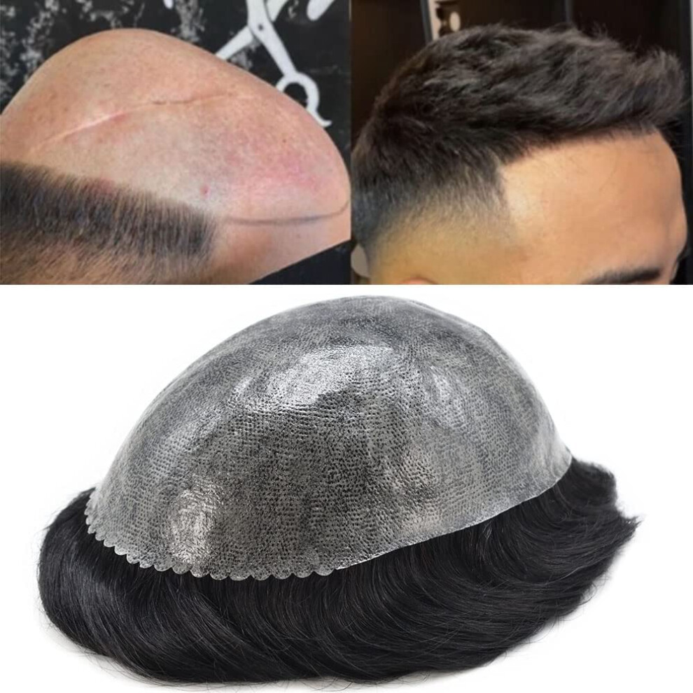 Unisex Black Men's Toupee Human Hair 8X10 Poly Skin Hair System Off Natural Hairline Trimtofit