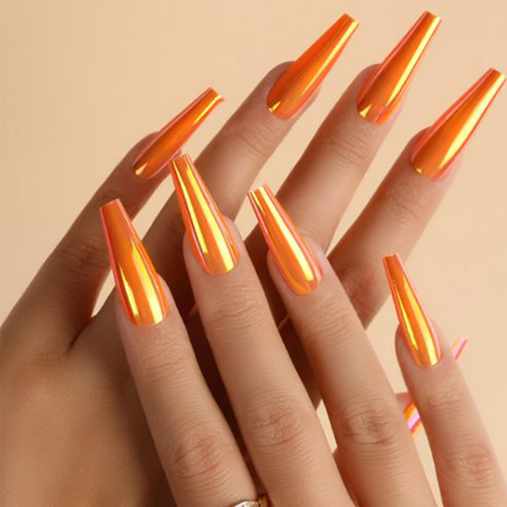 Orange Holographic Press On Nails Long Coffin Chrome False Nails Reusable Full Cover 24Pcs