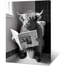 ASPORIC Lustiges Leinwandbild mit Hochlandrindern, Schwarz-Weiß-Longhorns im Toiletten-Stil, Vintage-Bauernhausdeko mit niedlichen Tieren, 20 x 16