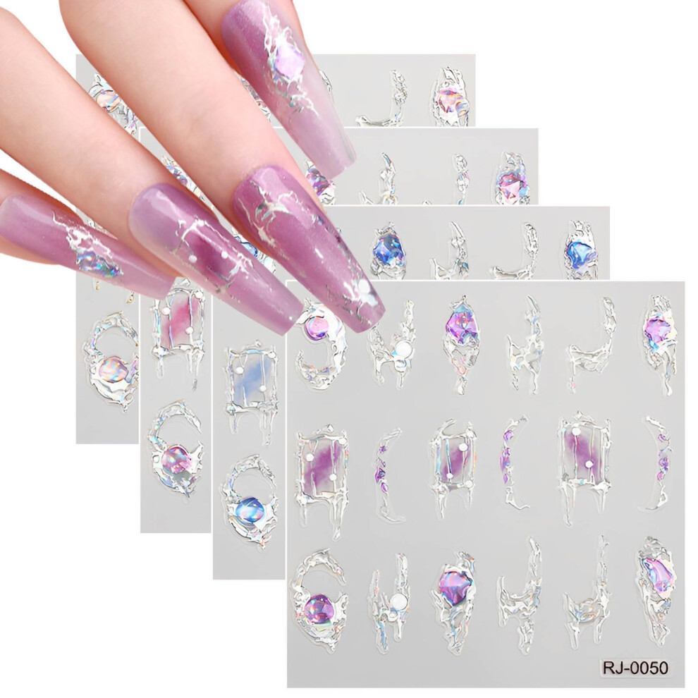 4 Sheets 5D Nail Art Stickers Gold Foil Embossed Self Adhesive Decals for Acrylic Nails