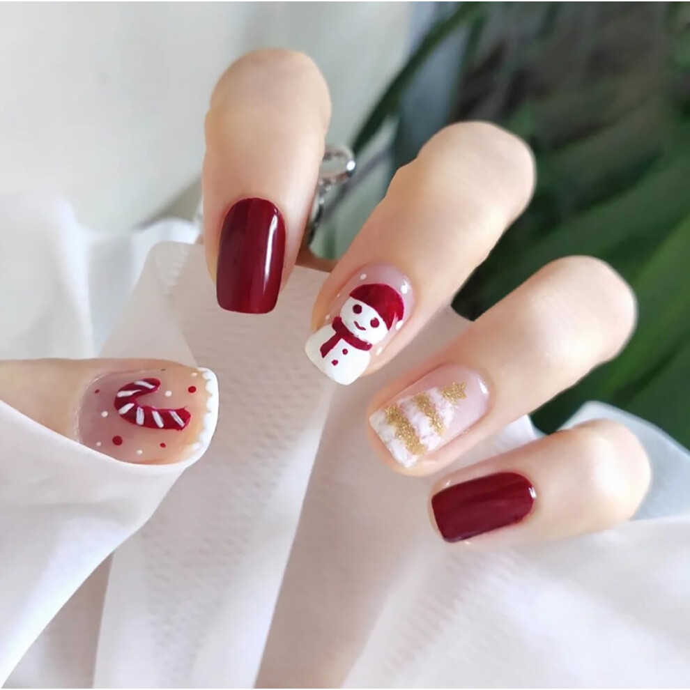 Christmas Square Press On Nails with Snowman Designs, Short Glossy Acrylic Fake Nails Set 24Pcs