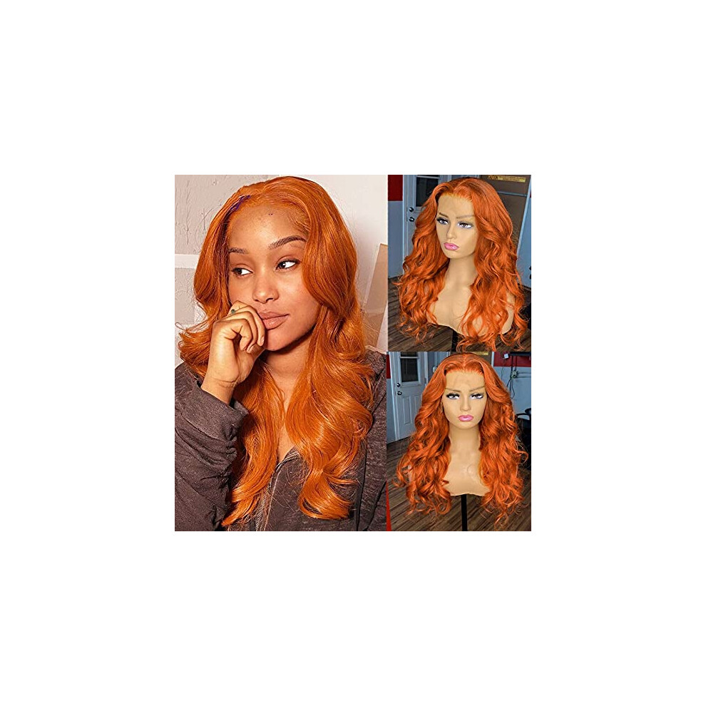 Unisex Orange 16 Inch Ginger Human Hair Lace Front Wig, Wet And Wavy Preplucked Brazilian Remy