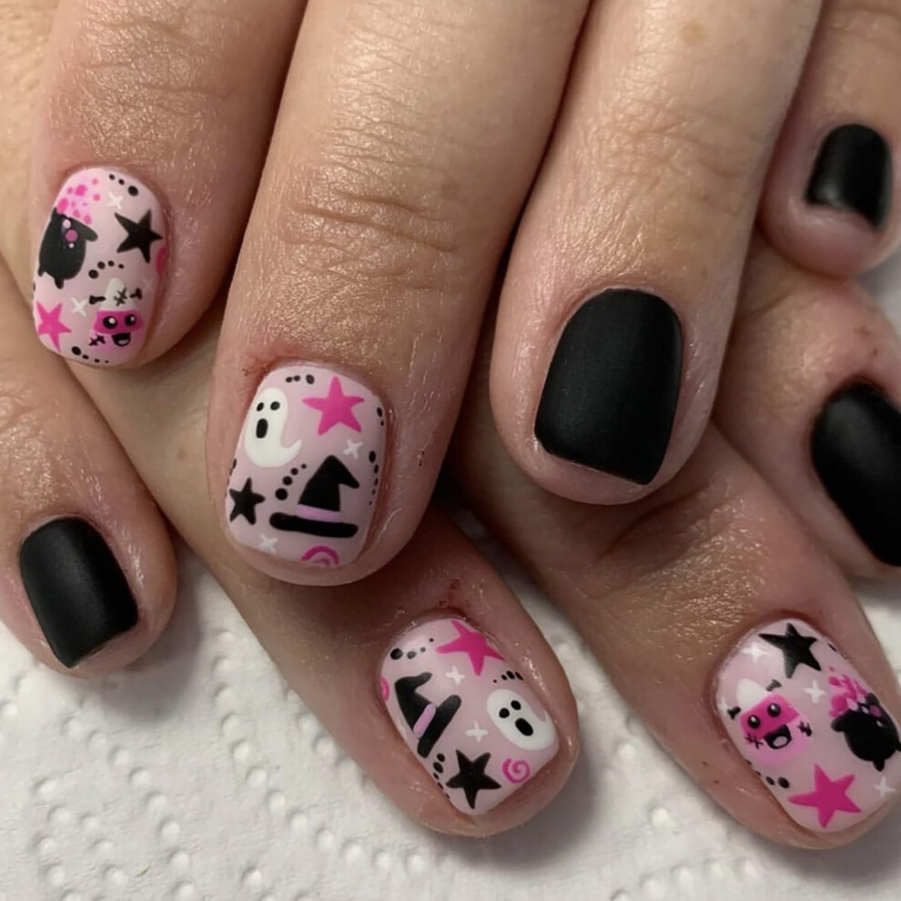 Pink,Cream Halloween Ghost Press On Nails Set 24Pcs Square Coffin Acrylic False Nails Pink Nude
