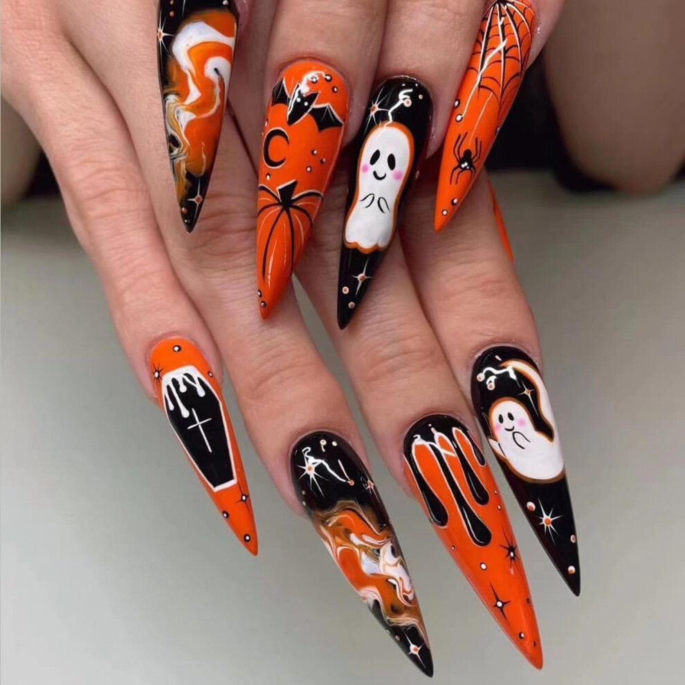 Halloween Press On Nails with Reusable Jelly Glue, 24pcs Fake Nail Set for Women and Girls
