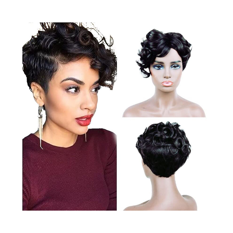 Unisex Black Curly Pixie Cut Wig For Women, Heatresistant Short Synthetic Hair With Bangs, Lightweight
