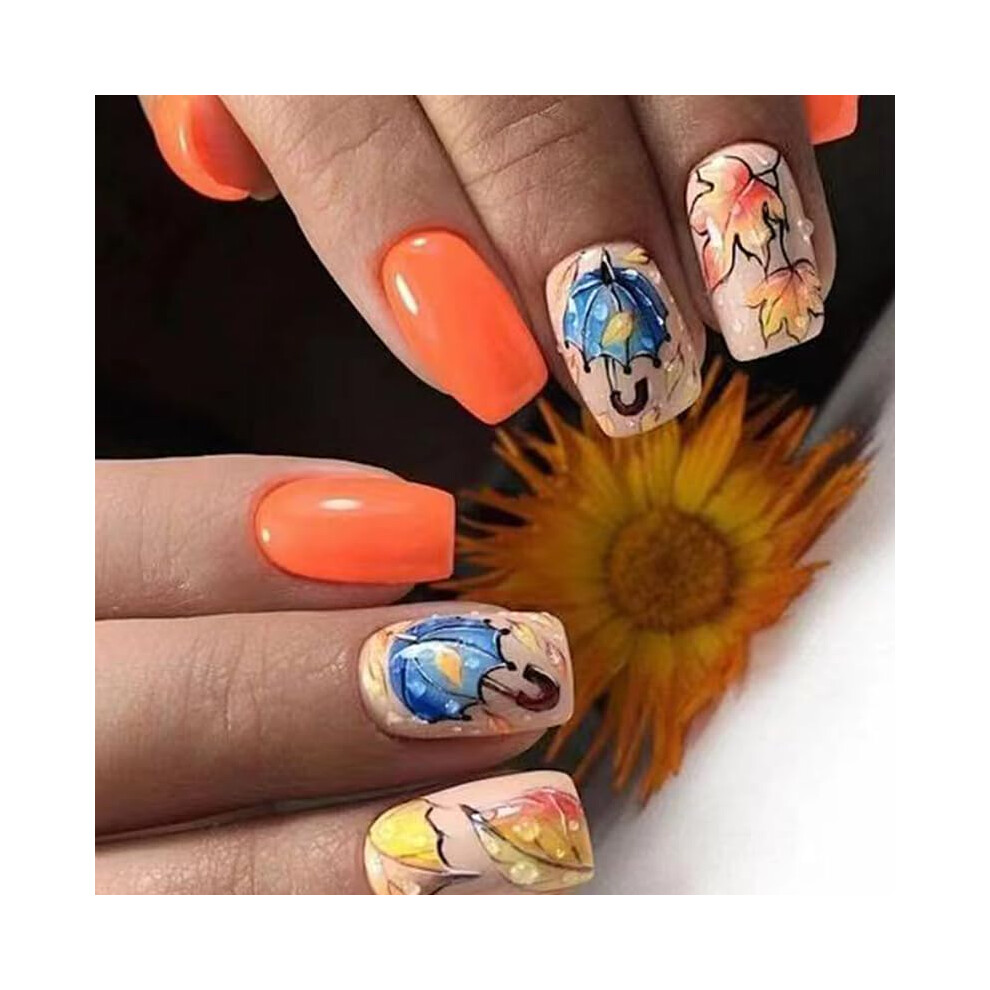 24Pcs Short Square Press on Nails Autumn Maple Leaf Fake Nails with Thanksgiving Leaf Design