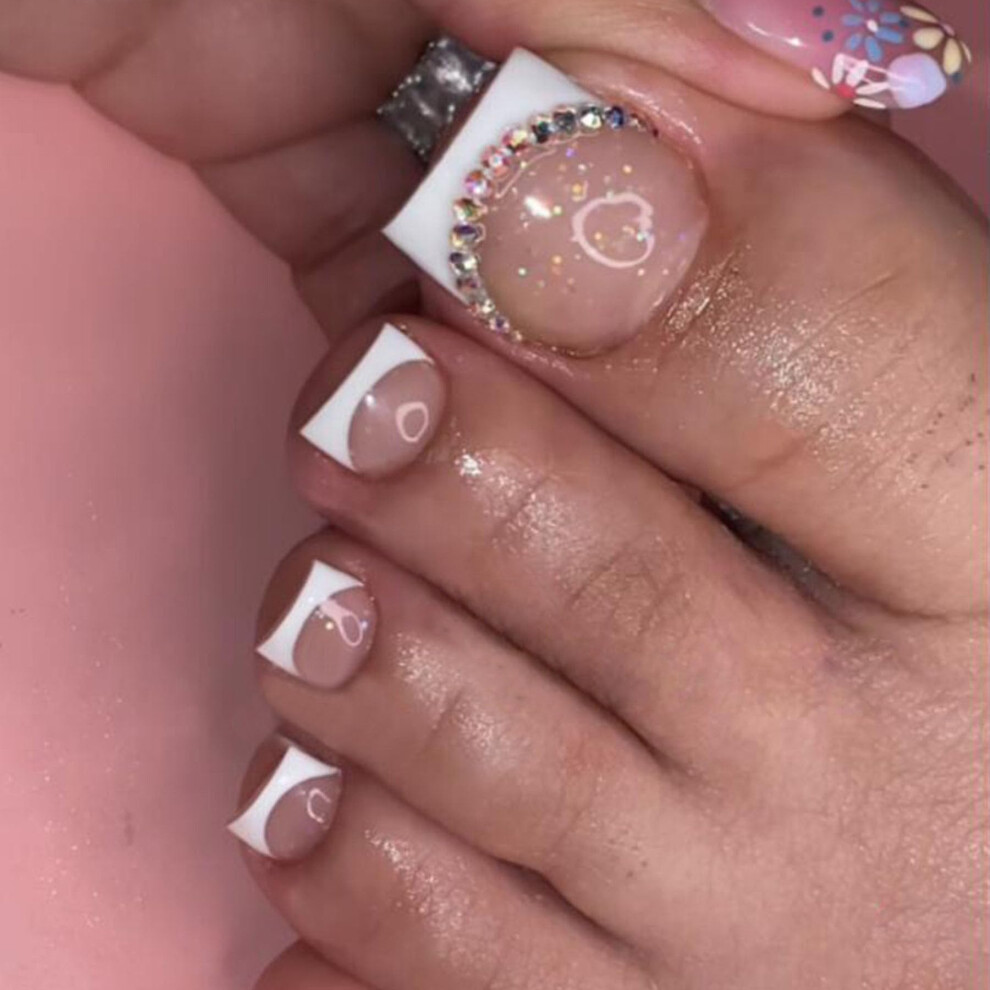 Pink Press On Toenails Rhinestone French Tip Glitter Fake Toenails For Women With Glue