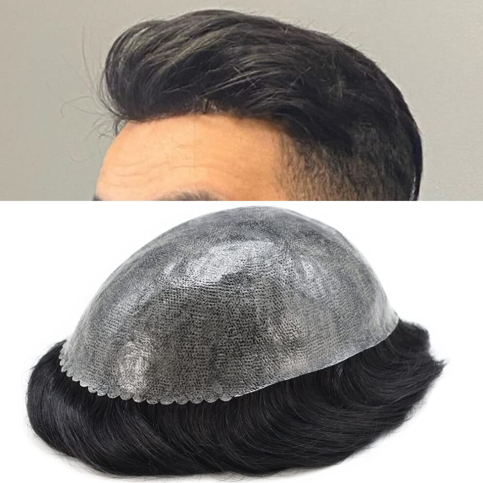 Unisex Brown Mens Hairpiece Human Hair Toupee For Men 8X10 Poly Skin Light Natural Texture