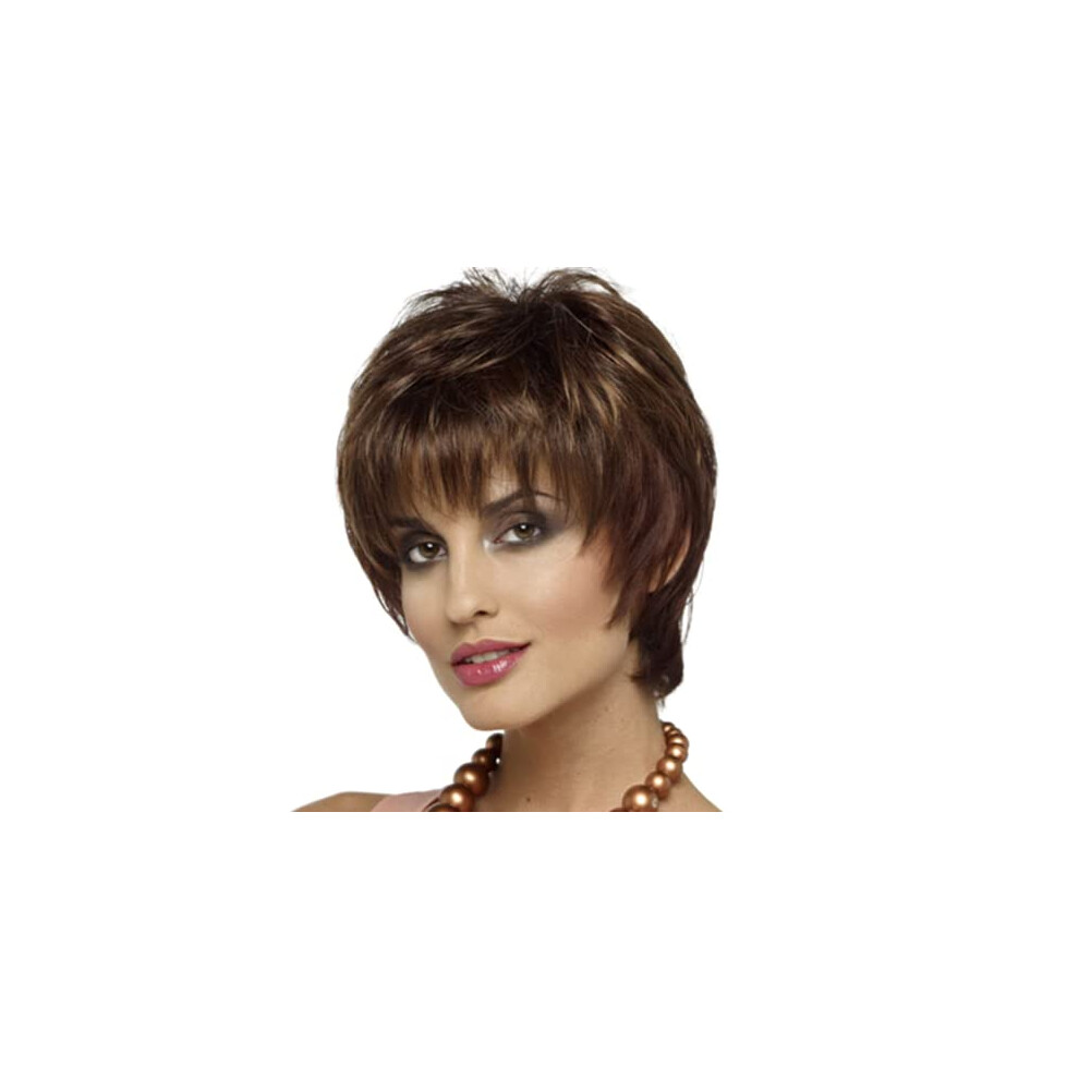 Unisex Brown Short Highlight Pixie Wig For Women Synthetic Layered Curly Wig With Bangs Natural Look