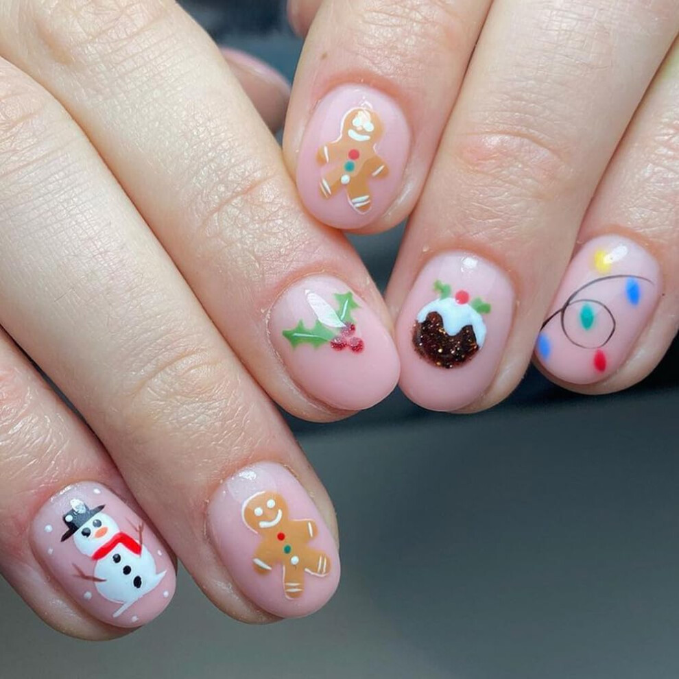Christmas Press On Nails Almond Short with Snowman Pattern Glitter Reusable Fake Nail Tips Set