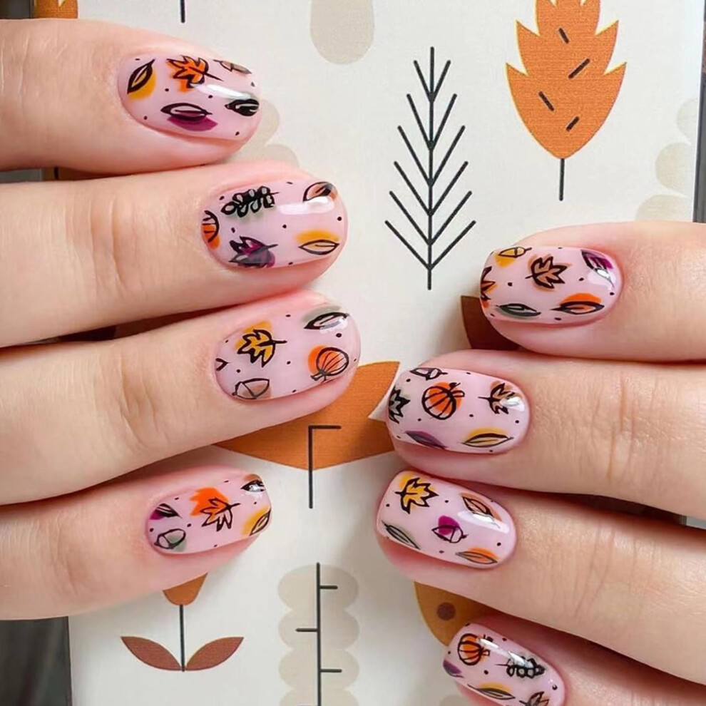 24Pcs Fall Press on Nails with Designs Short Square Nude Pink Maple Leaf Acrylic Fake Nails