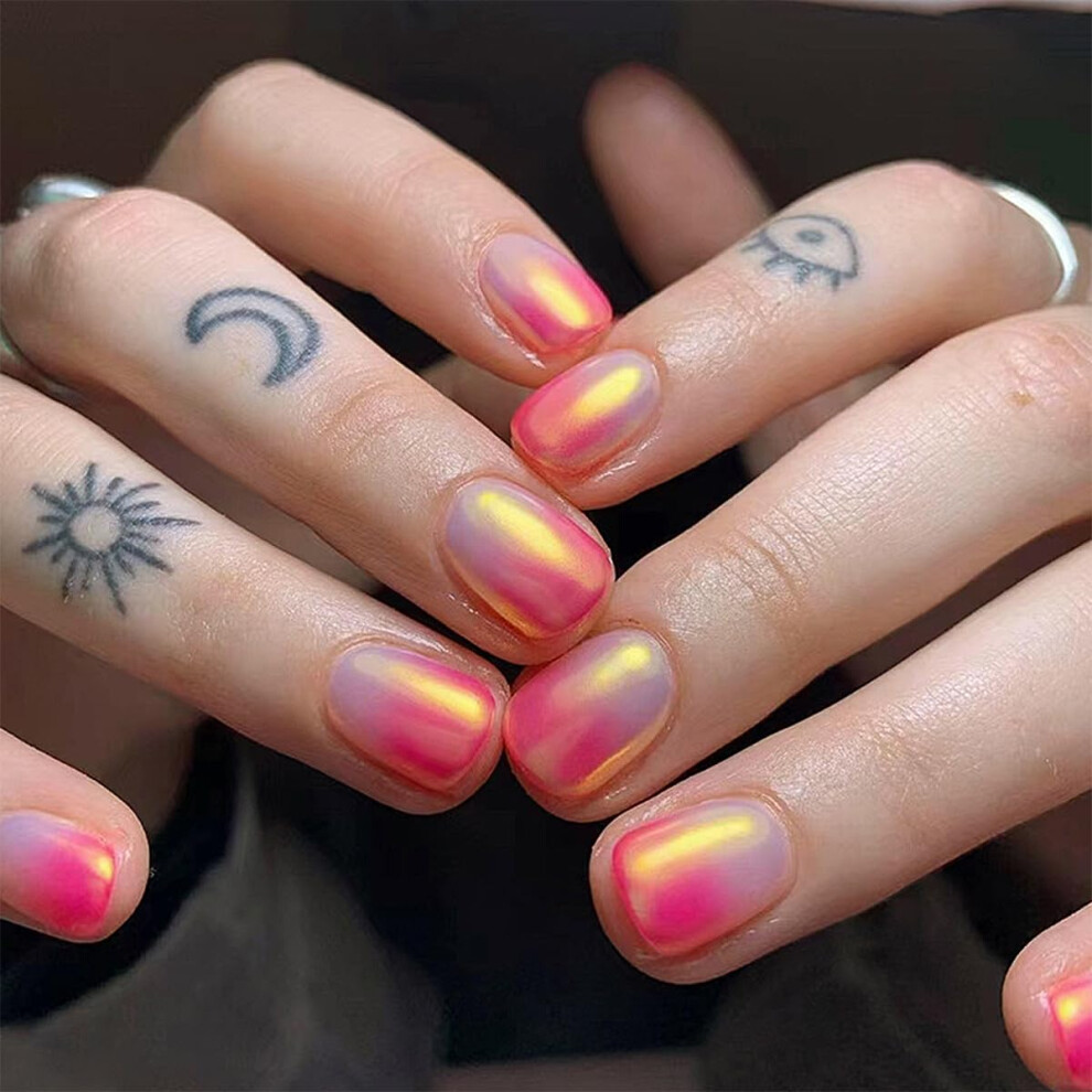 Pink Gradient Press On Nails Chrome False Nails Set With French Tips Acrylic 24Pcs For Women