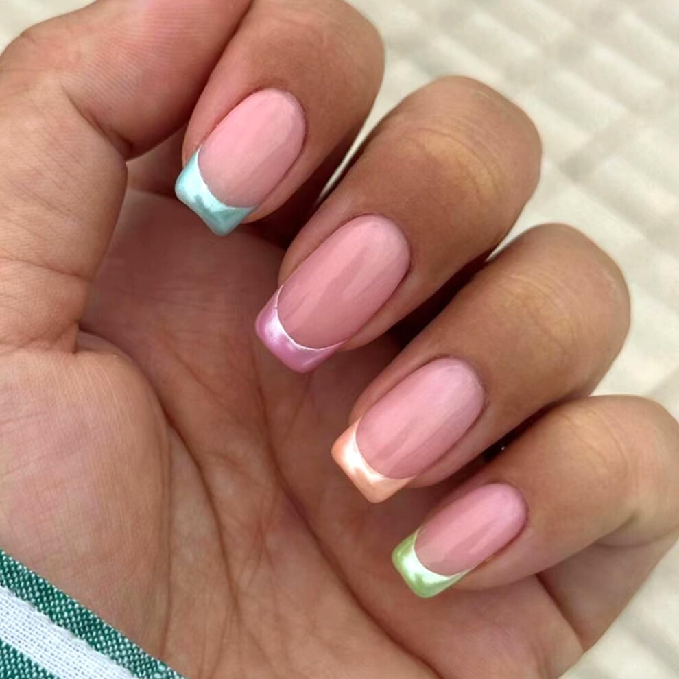 Medium Coffin Press On Nails Colorful French Tip Reusable Acrylic False Nails for Women