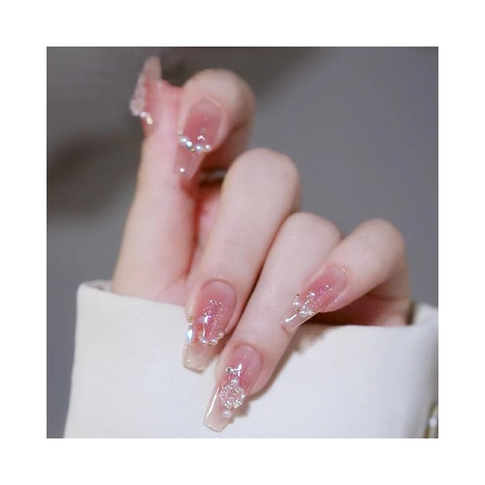 Pink Coffin Press On Nails With Glue Gradient Cat Eye Acrylic Fake Nails Set 24Pcs Reusable