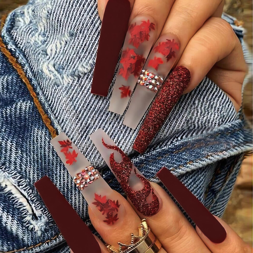 Autumn Maple Leaf Press on Nails Long Coffin Fake Nails Dark Red Fall Design 24Pcs