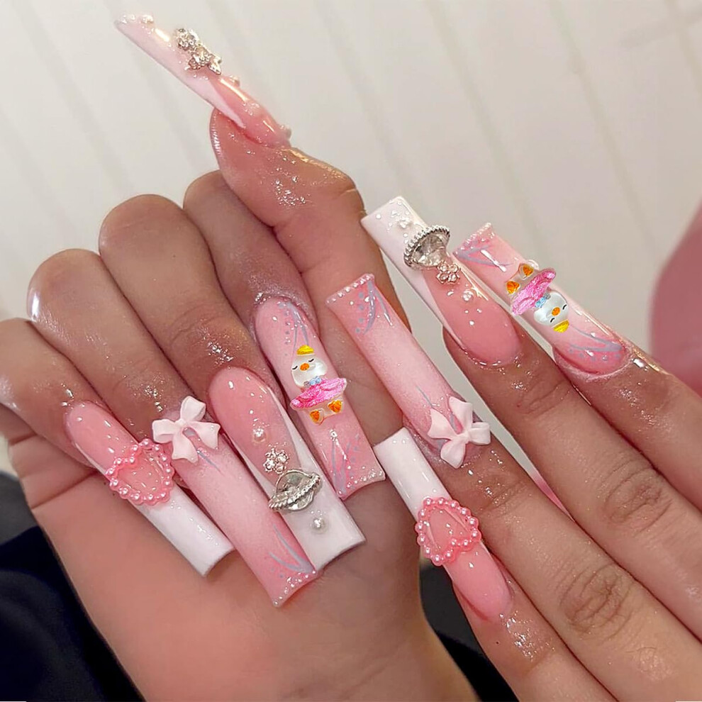 Pink 24Pcs Long Coffin Press On Nails French Tip Glitter With Bow And Rhinestones Reusable Kit