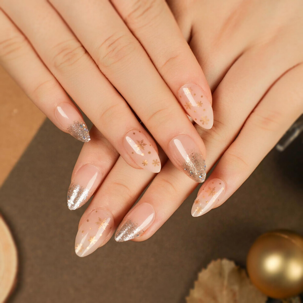 24 Pcs Christmas Press on Nails Short French Almond Fake Nails with Glitter Snowflake Design