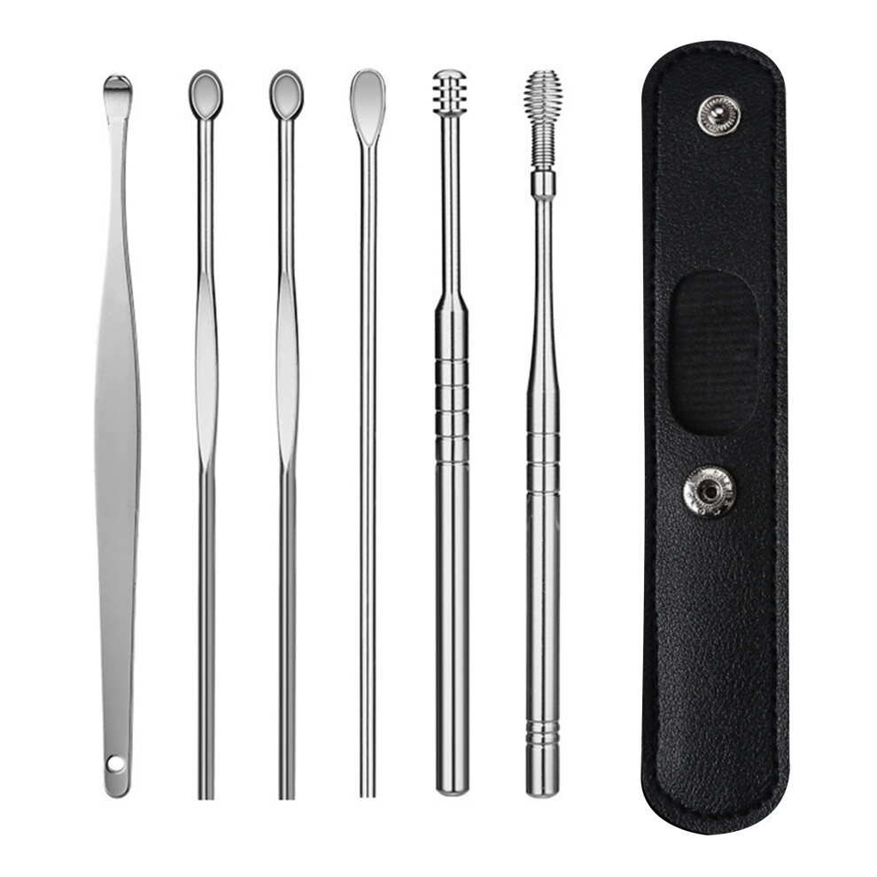 Black Ear Cleaning Tools 6 Pack Stainless Steel Spiral Scoop With Gentle Rounded Edges For Safe Wax Removal