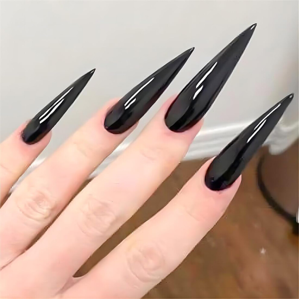 Black Glossy French Tip Press On Nails Stiletto Almond False Nails Set Reusable 24Pcs