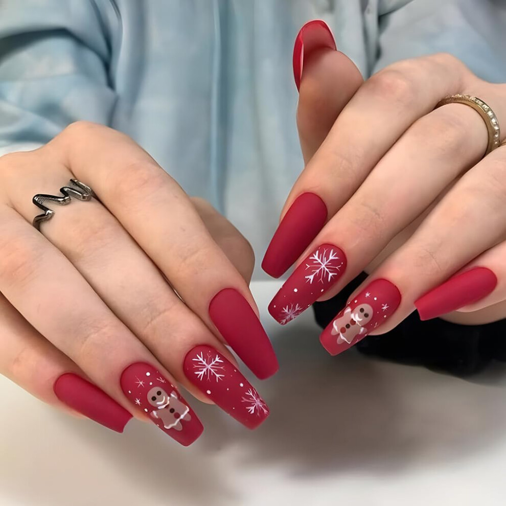 Red Christmas Press On Nails Coffin Shape Winter Snowflake Fake Nails Glossy Salonquality 24Pcs