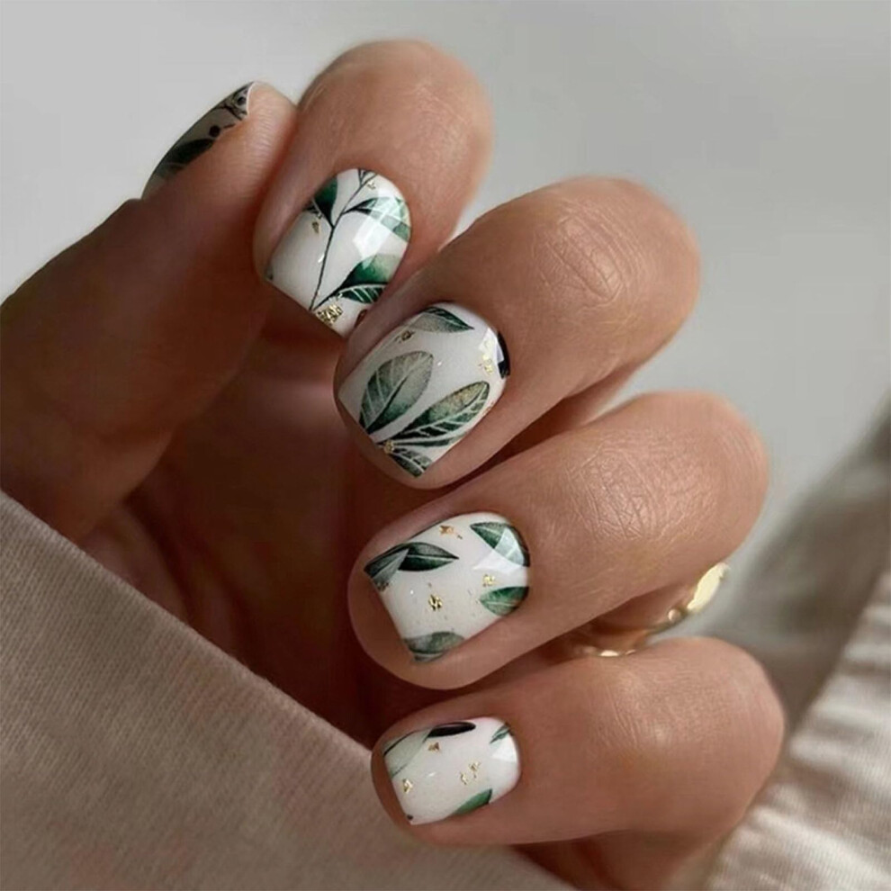 Short Square Press On Nails Green Leaf Acrylic with Glitter Fall Reusable Instant Manicure Set 24pcs