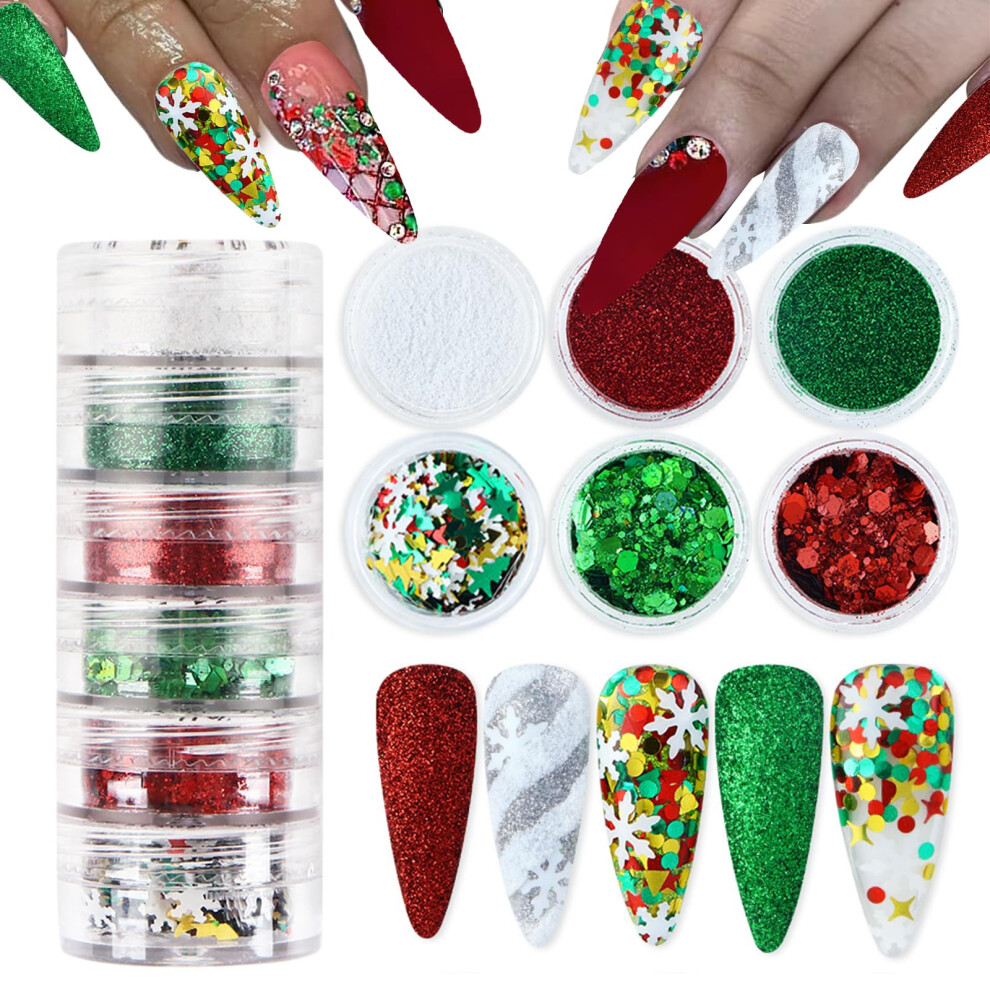 Red/Green Christmas Nail Art Glitter Set With Snowflake Sequins Powder Holographic Decorations