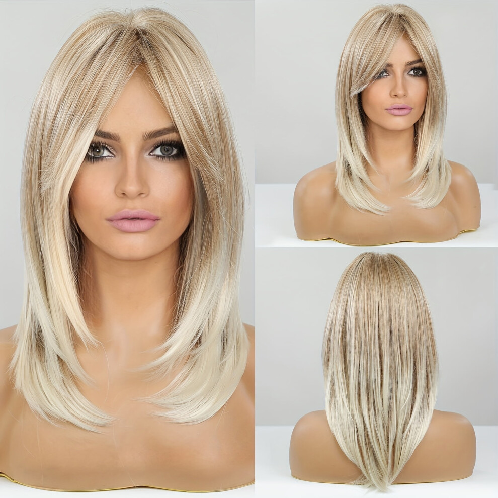 Unisex Ombre Blonde Wigs For Women Shoulder Length Layered Straight Synthetic Hair Wig With Curtain Bangs Daily Party Use Wig