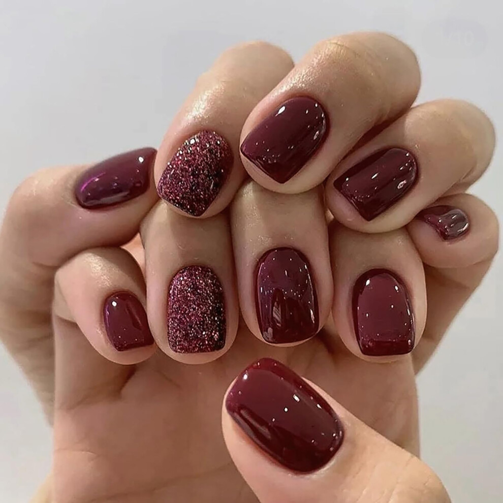 Red Glitter Press On Nails Set 24Pcs Short Square Acrylic Fake Nails Reusable Glue On Salon Look