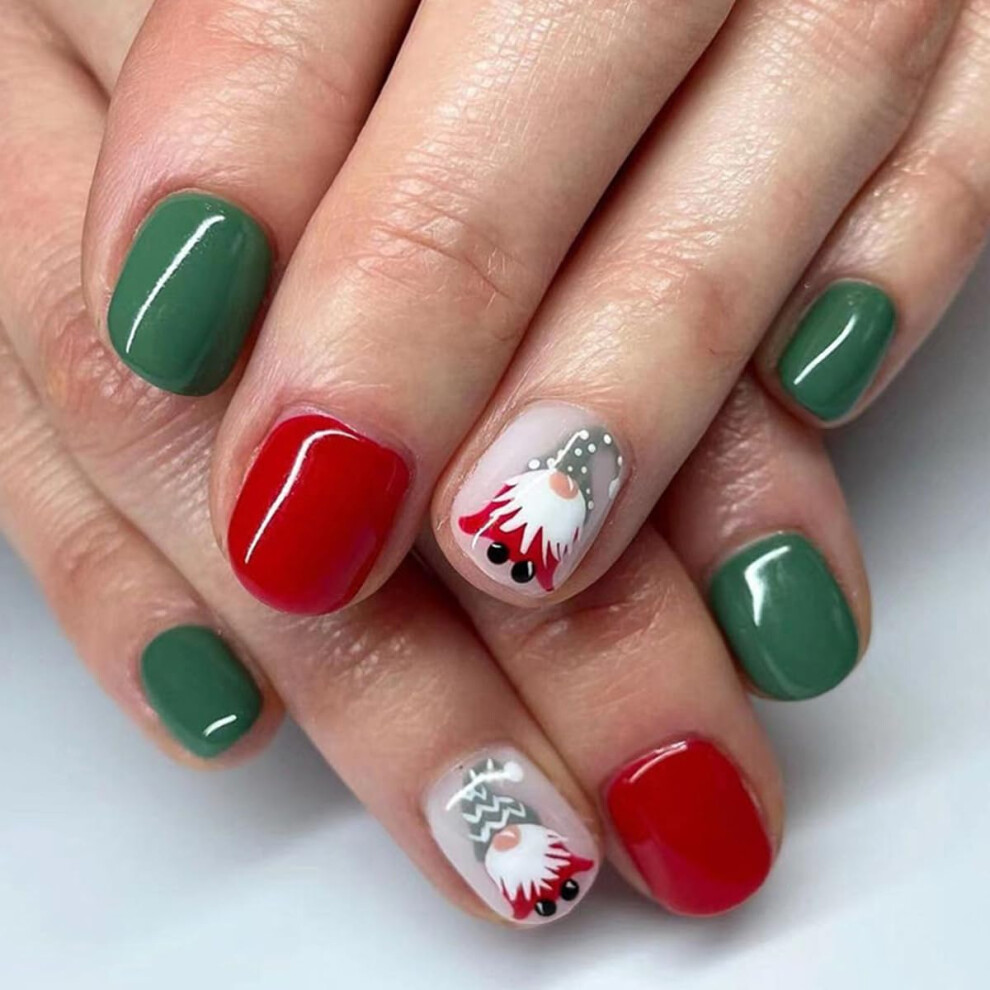 Christmas Press On Nails Short Square Fake Nails with Festive Elk Snowflake Designs, 24 Pcs Reusable Set