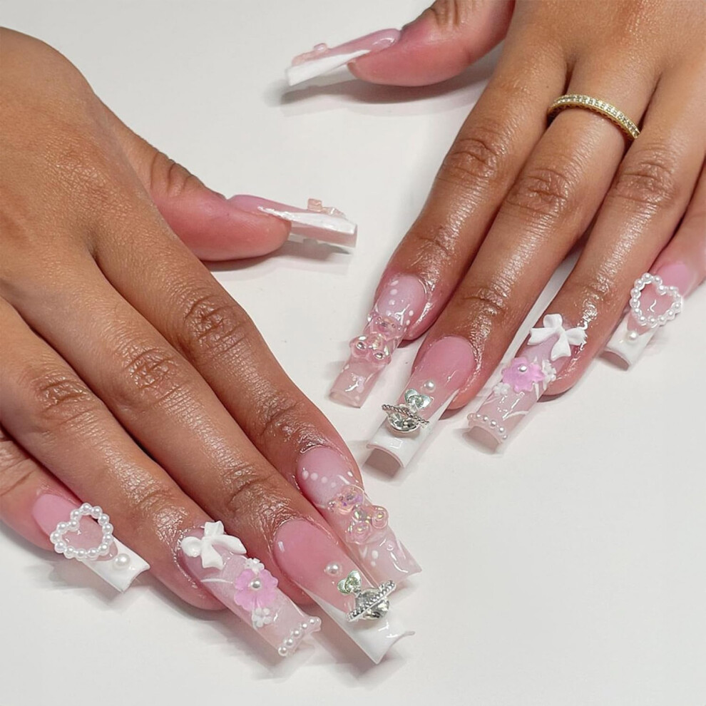 Pink Extra Long Square Press On Nails With 3D Charms Pearls Bows French Tip False Nails For Women
