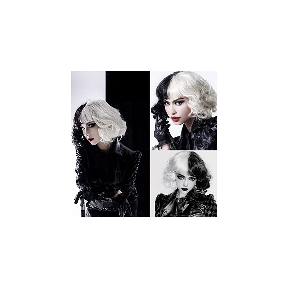 Short Curly Bob Wig with Bangs Black and White Heat Resistant Synthetic Wig for Women