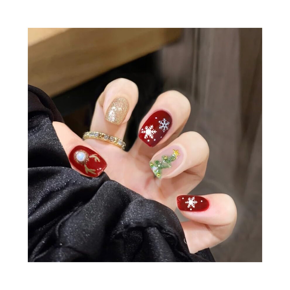 Red Christmas Snowflake Press On Nails Square Fake Nails With Tree And Elk Reusable Acrylic