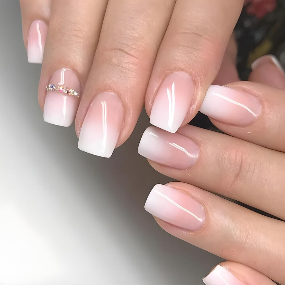 Pink 24Pcs Short Square Glossy Press On Nails French Acrylic False Tips For Fast Application