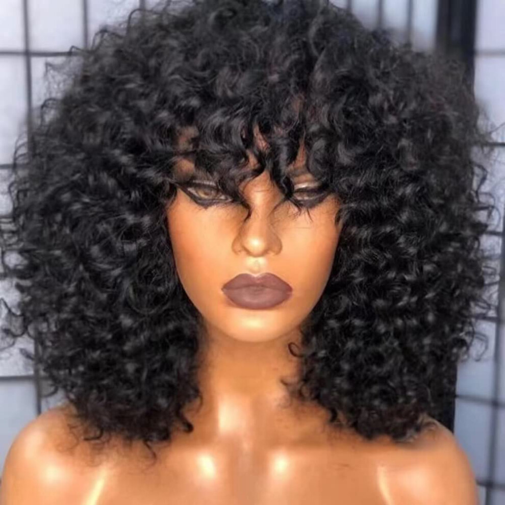 16 Inch Curly Human Hair Wig with Bangs 200 Density Brazilian Virgin Hair Natural Color