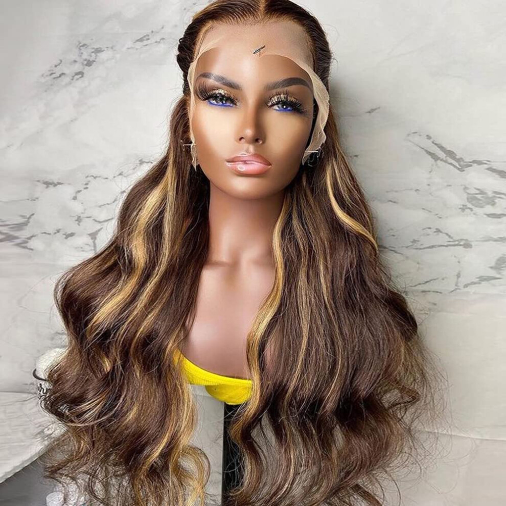 Unisex 13X6 Hd Lace Front Wig 22 Inch Body Wave Ombre Highlight Human Hair Pre Plucked Natural Hairline